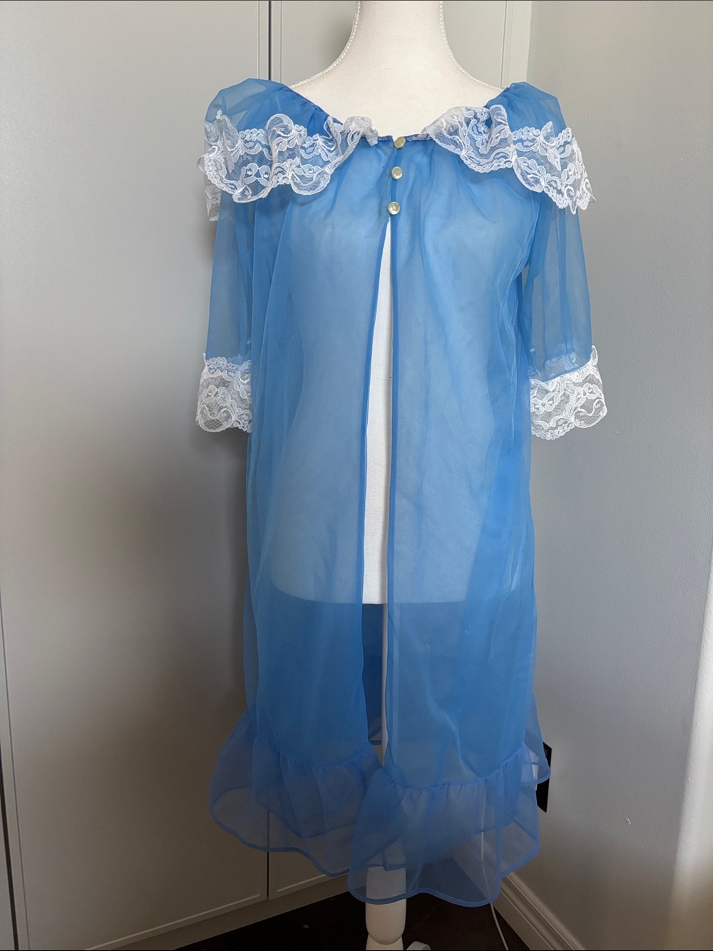 Vintage Vanity Fair Light Blue Sheer Nylon Robe with Lace Detail